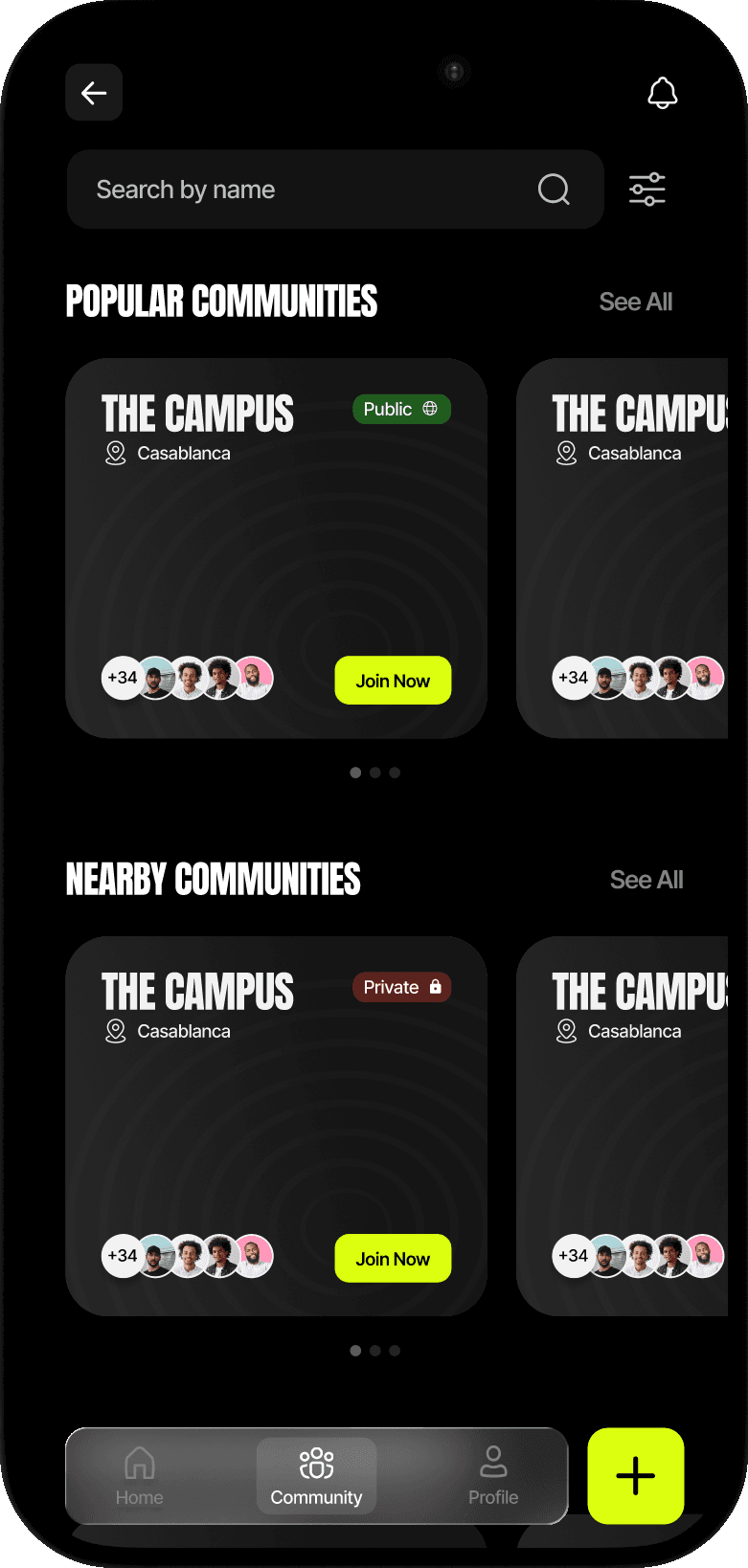 A SportTimes community page showing nearby squads with public and private badges.