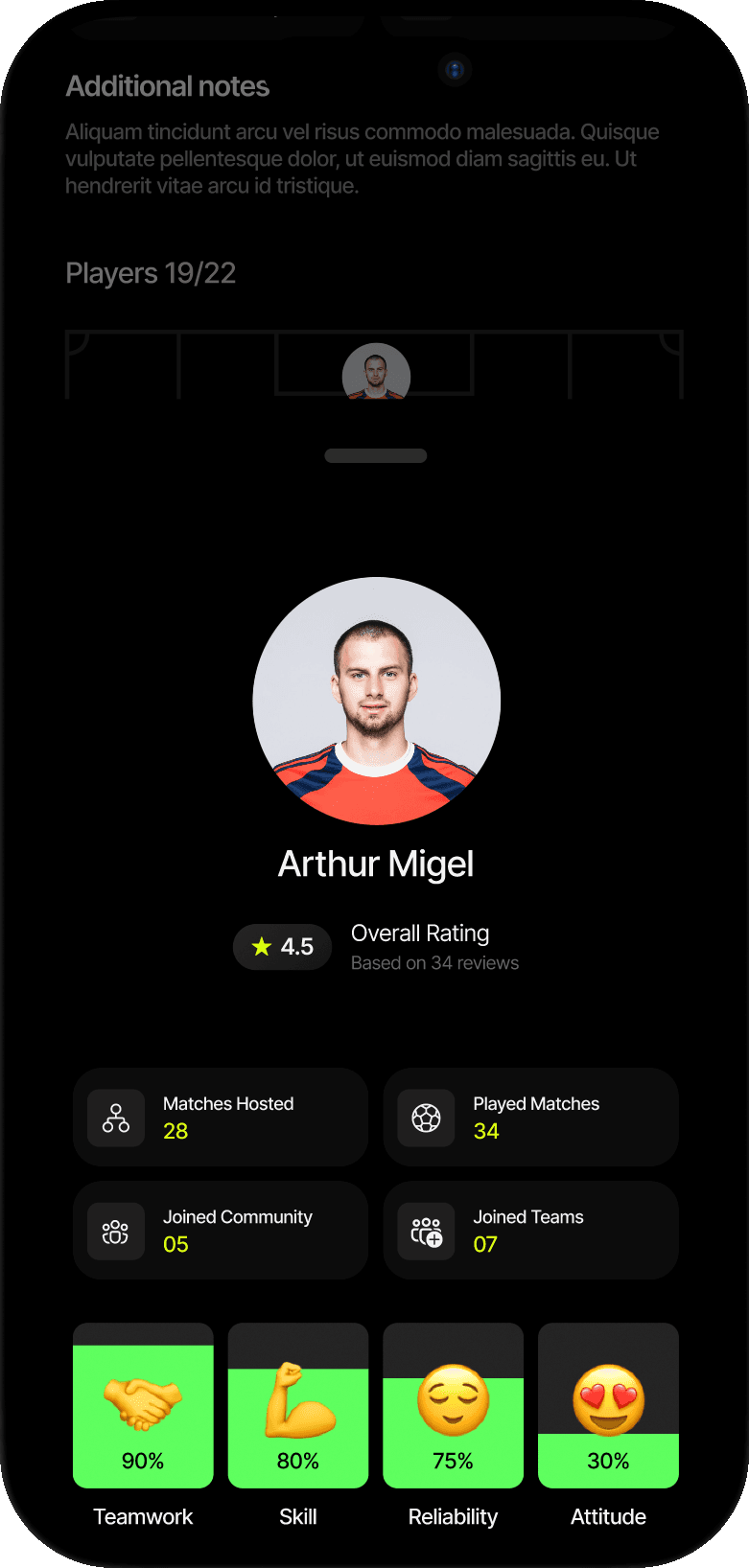 A player profile in the SportTimes app showing the confirmed slot and match details.