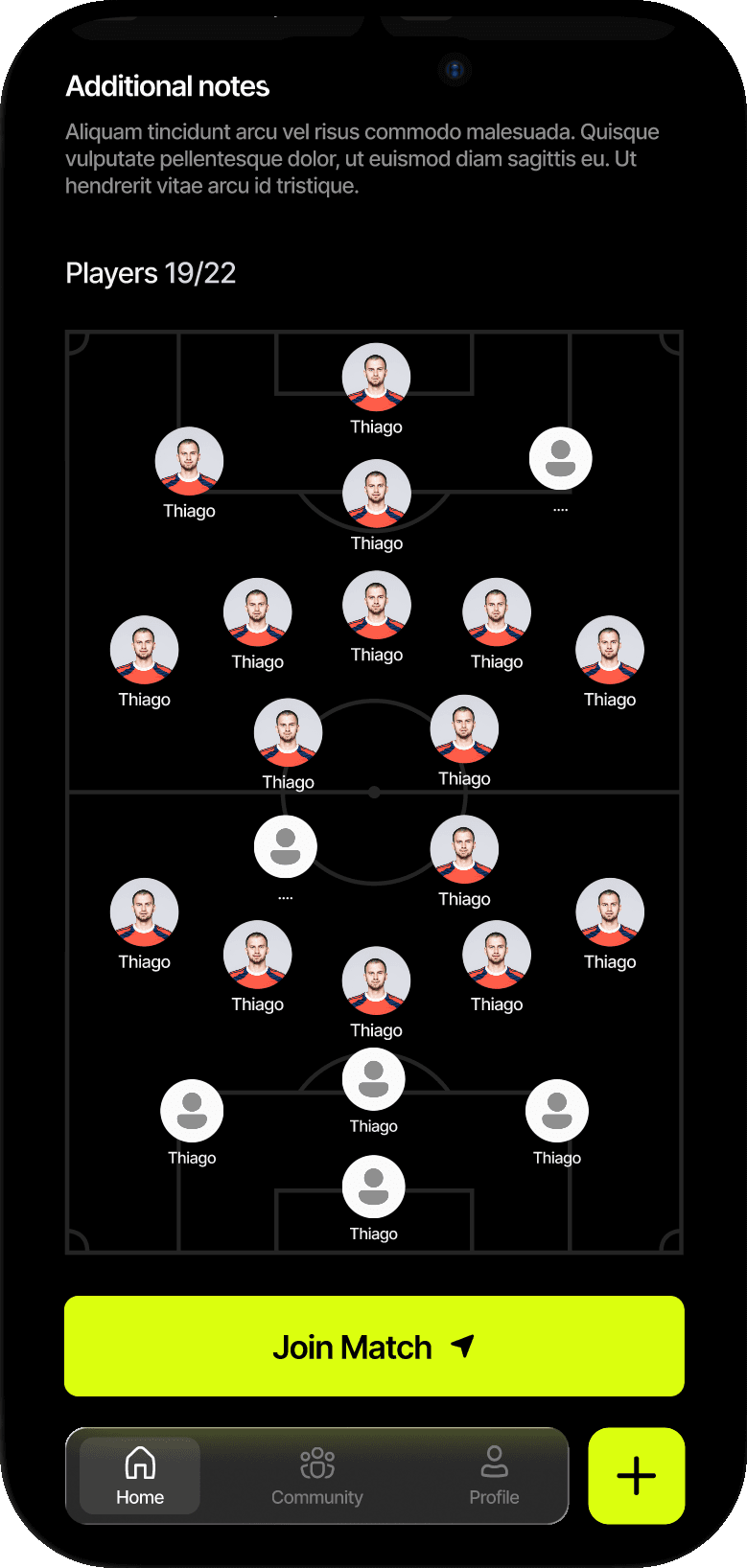 A live lineup view in the SportTimes app filling into a 4-3-3 formation.